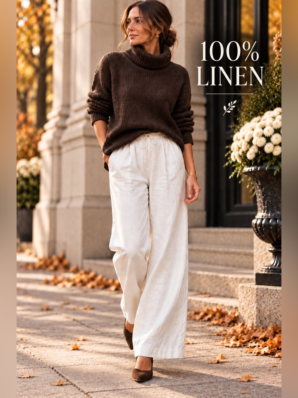 H&M 100% Linen Wide Leg Pants White XL Pull On Minimalist Quiet Luxury